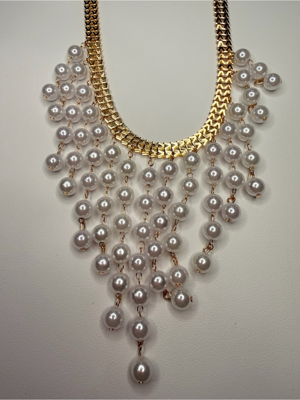 Gold-Tone Layered Pearl Bib Necklace - White Pearls - Picture 8 of 10